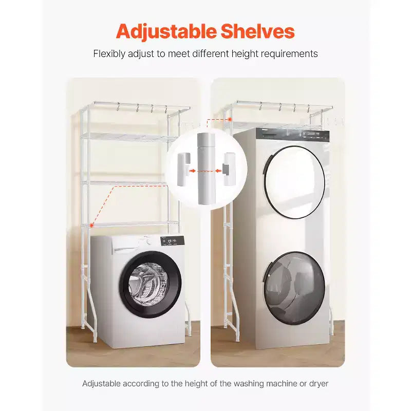 Over Washer and Dryer Storage Shelf, 3 Tiers Laundry Room Drying Rack with Hanger Rod and Hooks, Single Row Washer Shelves Space Saver,White