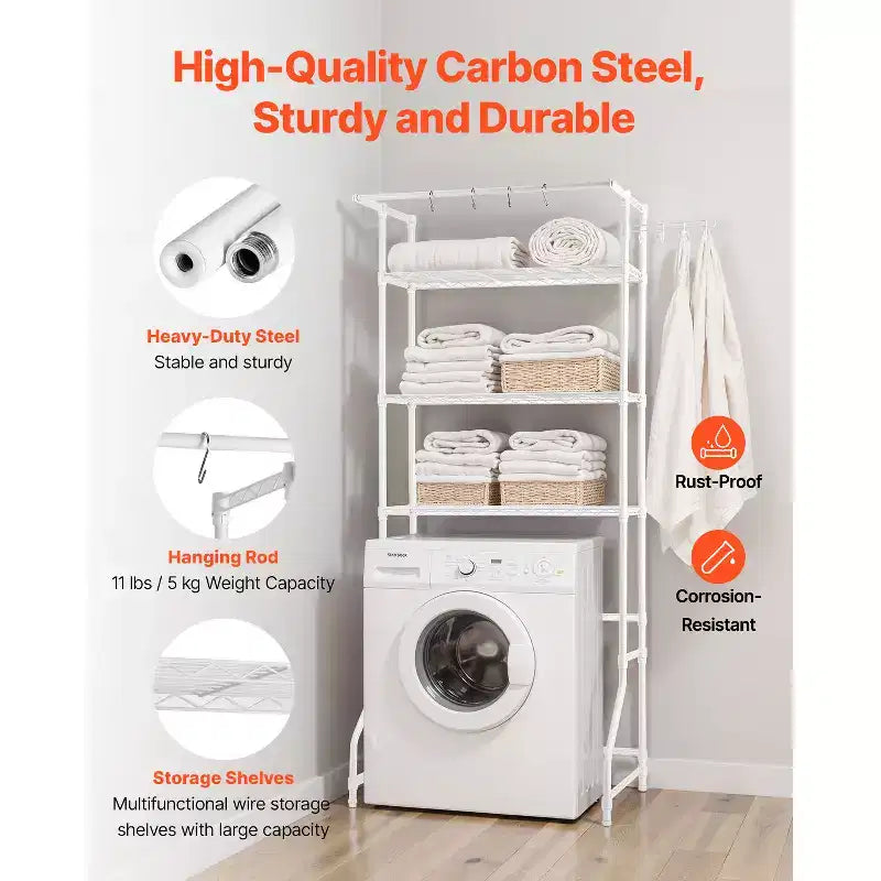 Over Washer and Dryer Storage Shelf, 3 Tiers Laundry Room Drying Rack with Hanger Rod and Hooks, Single Row Washer Shelves Space Saver,White
