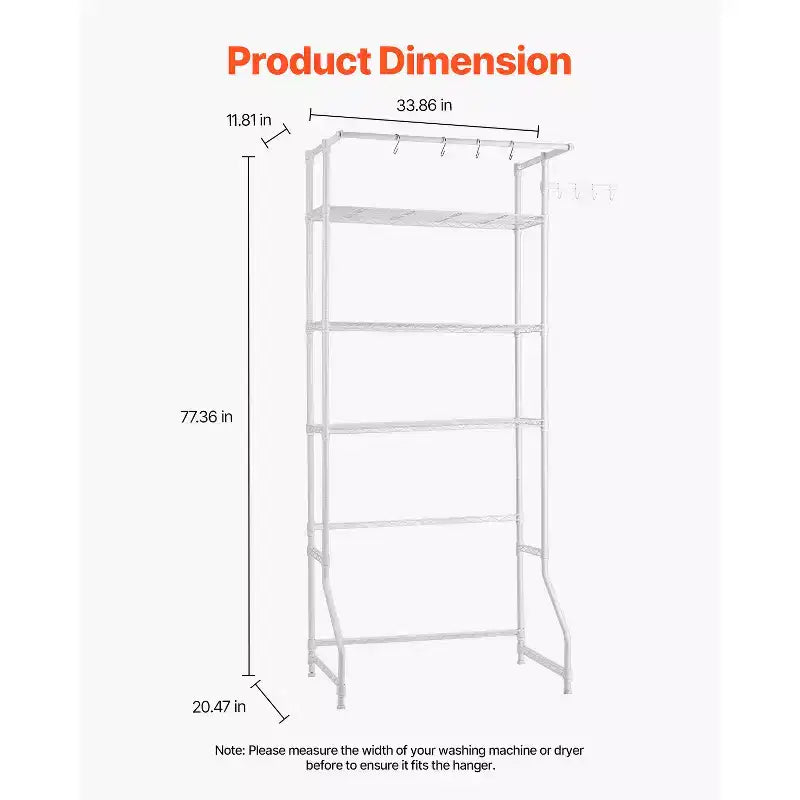 Over Washer and Dryer Storage Shelf, 3 Tiers Laundry Room Drying Rack with Hanger Rod and Hooks, Single Row Washer Shelves Space Saver,White