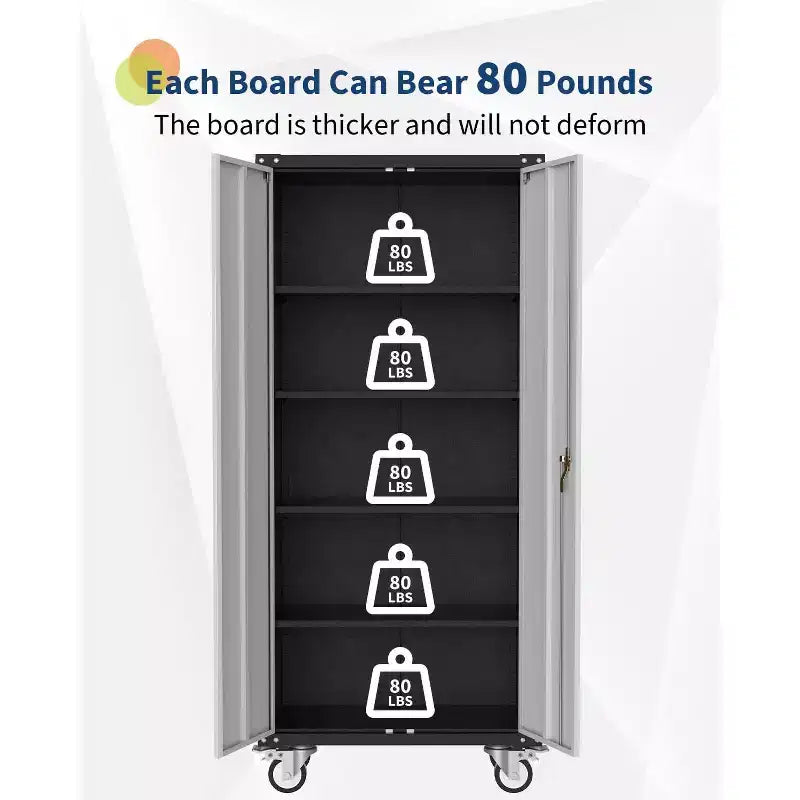 Metal Storage Cabinet on Wheels 72 C Lockable Rolling Storage with 4 Adjustable Shelves