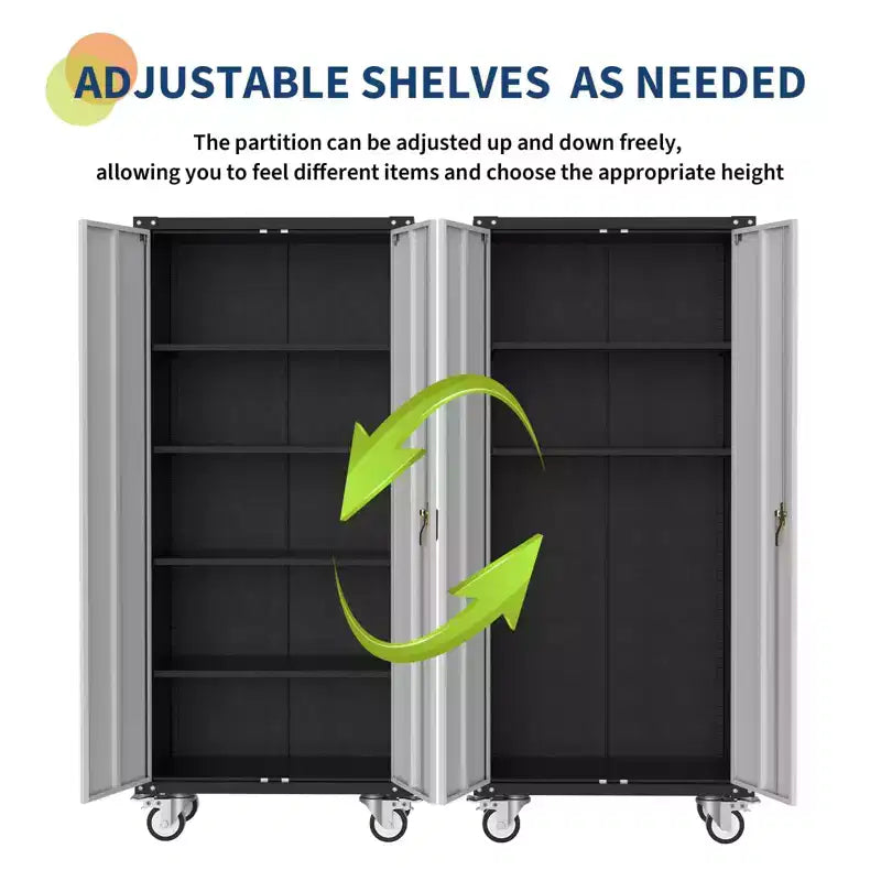 Metal Storage Cabinet on Wheels 72 C Lockable Rolling Storage with 4 Adjustable Shelves