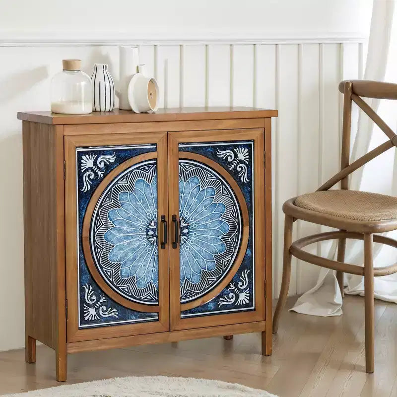 2-Door Accent Distressed Storage Cabinet with Blue and White Porcelain Pattern for Entryway Living Room