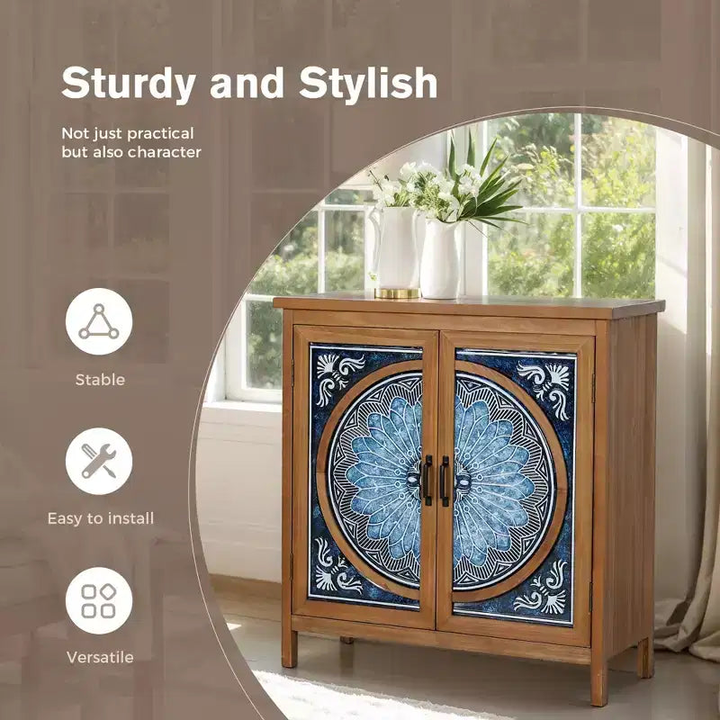 2-Door Accent Distressed Storage Cabinet with Blue and White Porcelain Pattern for Entryway Living Room