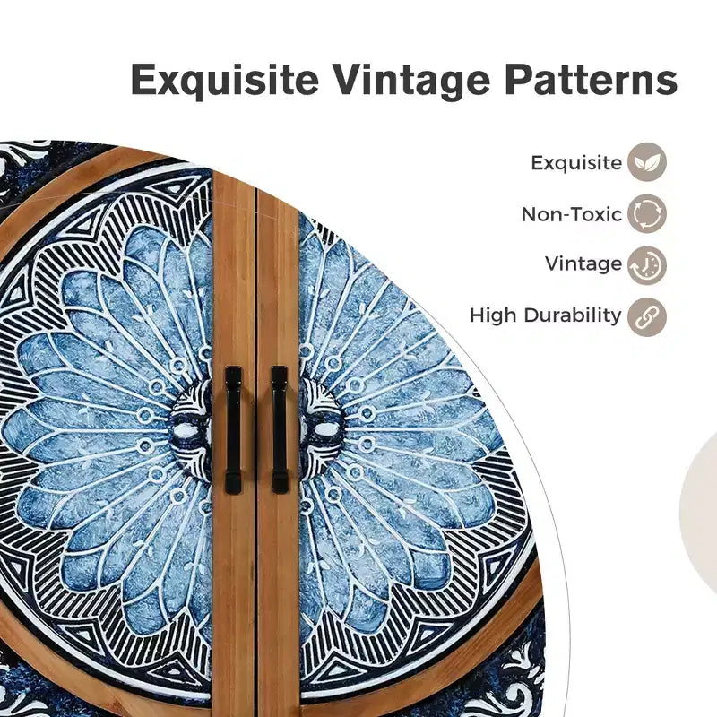 2-Door Accent Distressed Storage Cabinet with Blue and White Porcelain Pattern for Entryway Living Room