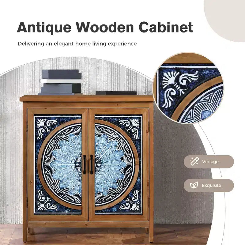 2-Door Accent Distressed Storage Cabinet with Blue and White Porcelain Pattern for Entryway Living Room