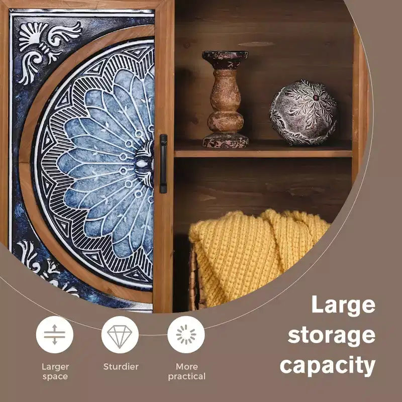 Armoire de rangement d'appoint 2 portes à motifs de porcelaine bleue et blanche à l'aspect vieilli pour entrée et salon