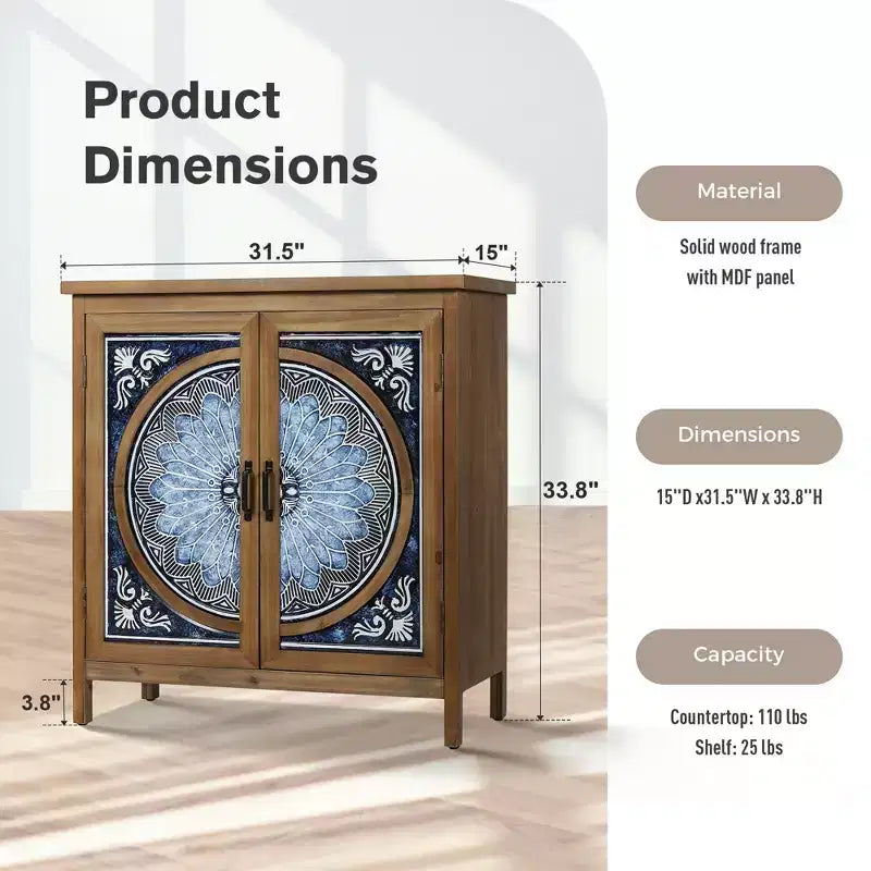 Armoire de rangement d'appoint 2 portes à motifs de porcelaine bleue et blanche à l'aspect vieilli pour entrée et salon