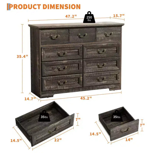 47 Vintage 9 Drawer Dresser for Bedroom, Wooden Chest of Drawers with Natural Wood Texture, Large Storage Organizer for Closet, Living Room