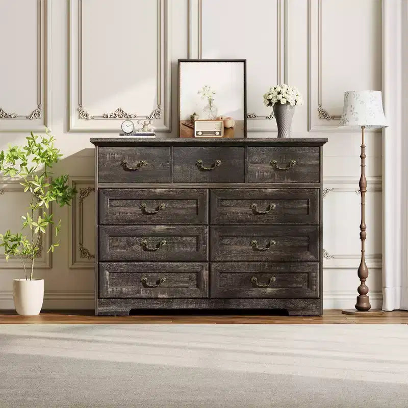 47 Vintage 9 Drawer Dresser for Bedroom, Wooden Chest of Drawers with Natural Wood Texture, Large Storage Organizer for Closet, Living Room