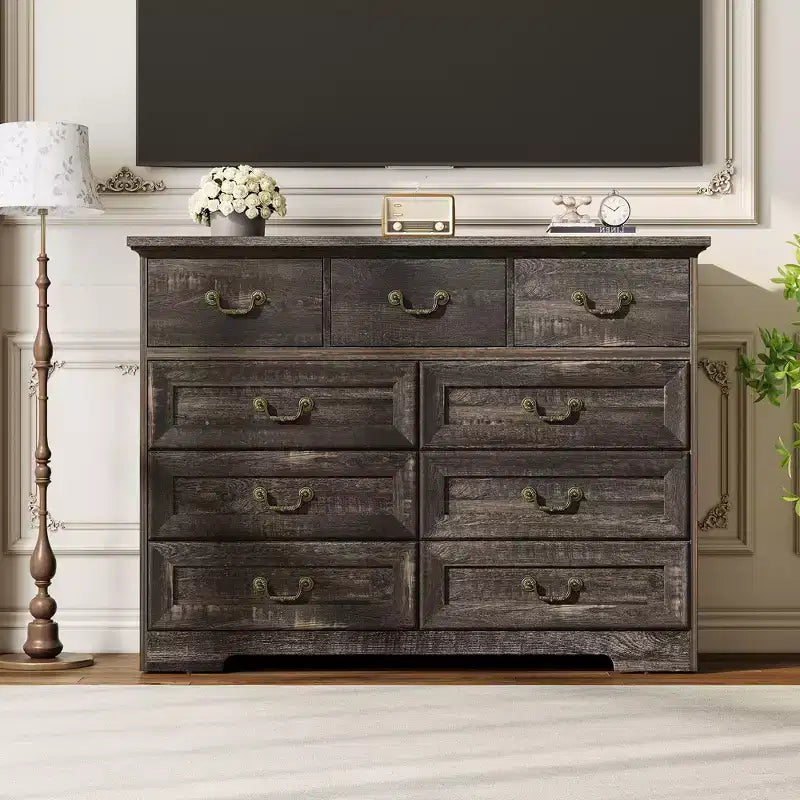 47 Vintage 9 Drawer Dresser for Bedroom, Wooden Chest of Drawers with Natural Wood Texture, Large Storage Organizer for Closet, Living Room