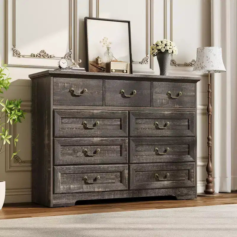 COZONY 47 Vintage 9 Drawer Dresser for Bedroom, Wooden Chest of Drawers with Natural Wood Texture, Large Storage Organizer for Closet, Living Room