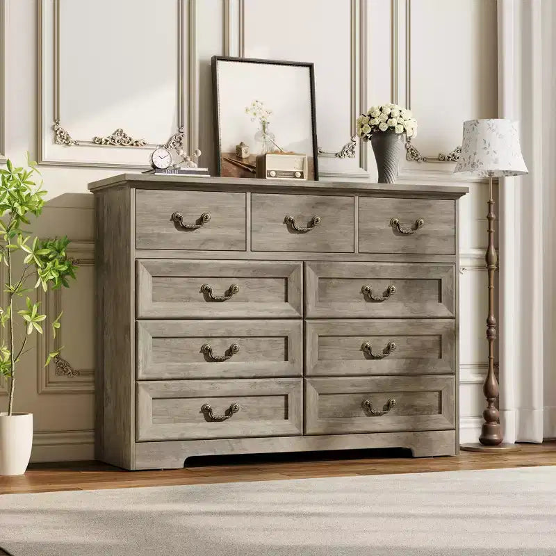 47 Vintage 9 Drawer Dresser for Bedroom, Wooden Chest of Drawers with Natural Wood Texture, Large Storage Organizer for Closet, Living Room
