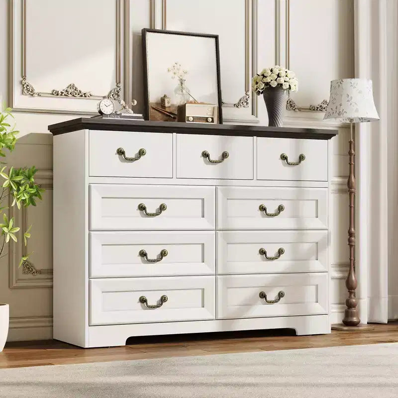 47 Vintage 9 Drawer Dresser for Bedroom, Wooden Chest of Drawers with Natural Wood Texture, Large Storage Organizer for Closet, Living Room