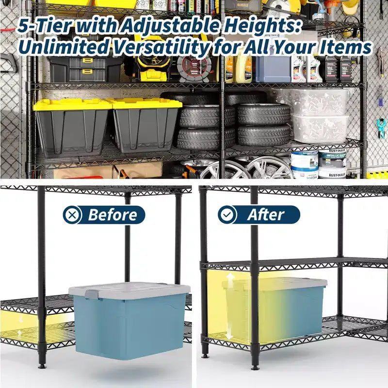 5-Tier Storage Shelves Metal Shelving Unit, Adjustable Wire Shelves Heavy Duty Standing Garage Shelving Racks