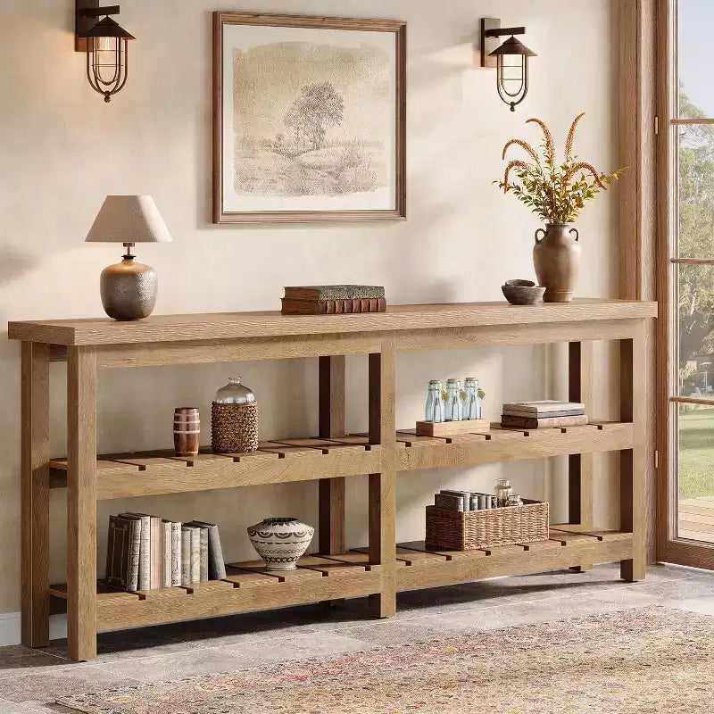 70.86 Extra Long Console Table, Farmhouse 3-Tier Entryway Table, Wood Sofa Table Behind Couch for Living Room, Hallway, Foyer