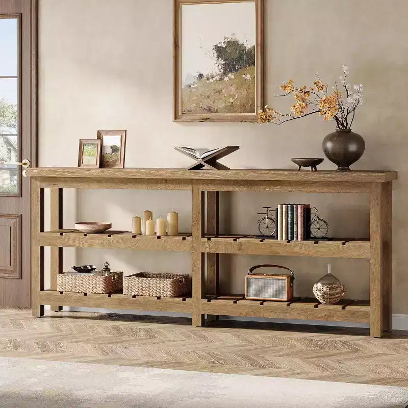 70.86 Extra Long Console Table, Farmhouse 3-Tier Entryway Table, Wood Sofa Table Behind Couch for Living Room, Hallway, Foyer