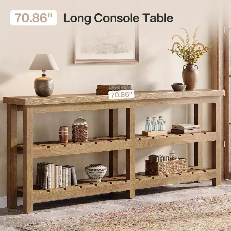 70.86 Extra Long Console Table, Farmhouse 3-Tier Entryway Table, Wood Sofa Table Behind Couch for Living Room, Hallway, Foyer