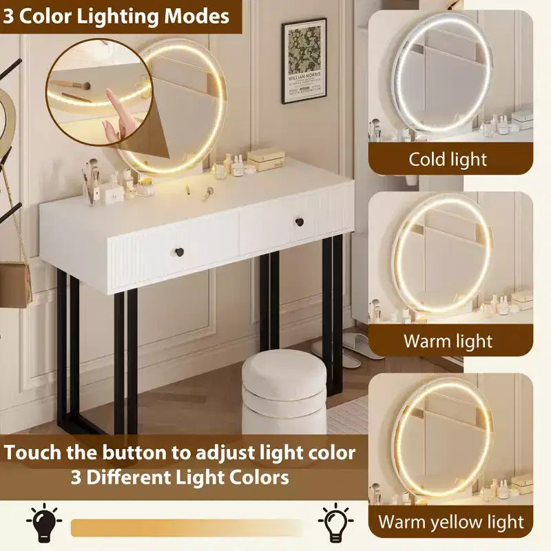 Vanity Desk with Mirror and Lights - 3 Colors LED Lights, Plenty of Storage Space, Modern Design, Quality Materials and Solid Construction