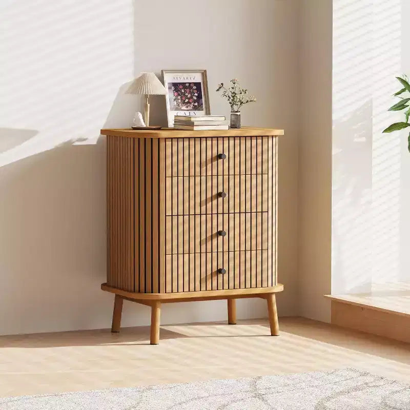 4 Drawer Dressers, Chest of Drawers for Bedroom, Nightstand, Spacious Storage Boho Wicker Dresser with Matte Black Handles and Wood Legs