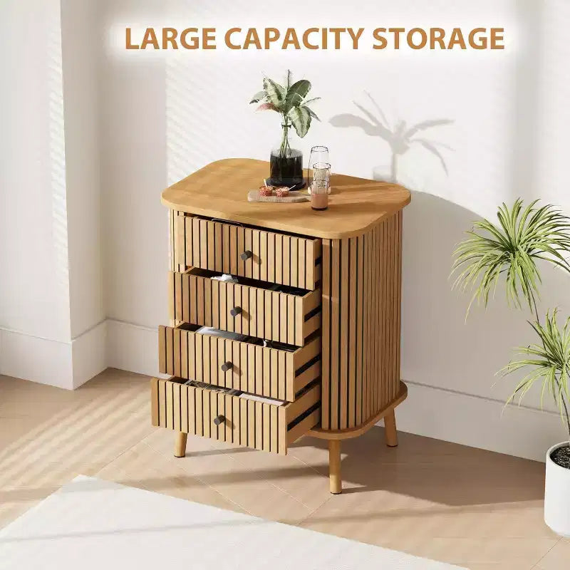 4 Drawer Dressers, Chest of Drawers for Bedroom, Nightstand, Spacious Storage Boho Wicker Dresser with Matte Black Handles and Wood Legs