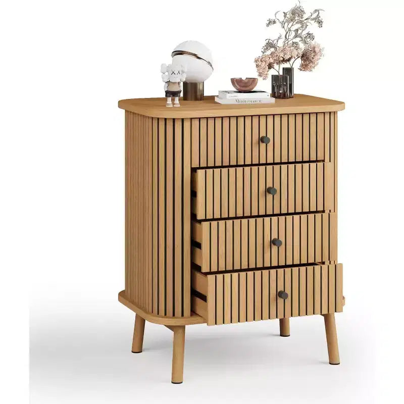 4 Drawer Dressers, Chest of Drawers for Bedroom, Nightstand, Spacious Storage Boho Wicker Dresser with Matte Black Handles and Wood Legs