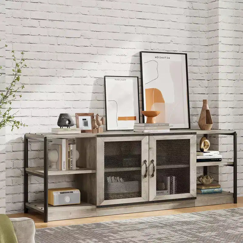 Industrial Farmhouse TV Stand with 2 Mesh Doors, Entertainment Center for 73-80 Inch TV, Sturdy Media Console with Adjustable Shelves, Storage Cabinet