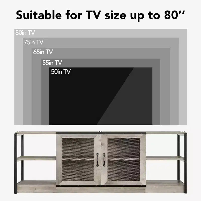 Industrial Farmhouse TV Stand with 2 Mesh Doors, Entertainment Center for 73-80 Inch TV, Sturdy Media Console with Adjustable Shelves, Storage Cabinet