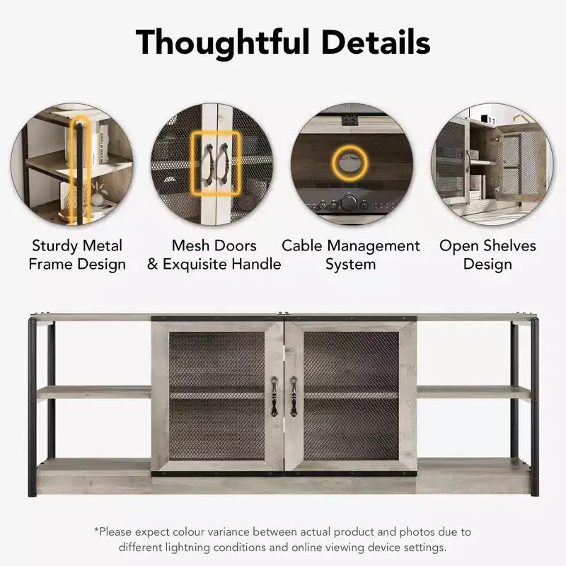 Industrial Farmhouse TV Stand with 2 Mesh Doors, Entertainment Center for 73-80 Inch TV, Sturdy Media Console with Adjustable Shelves, Storage Cabinet