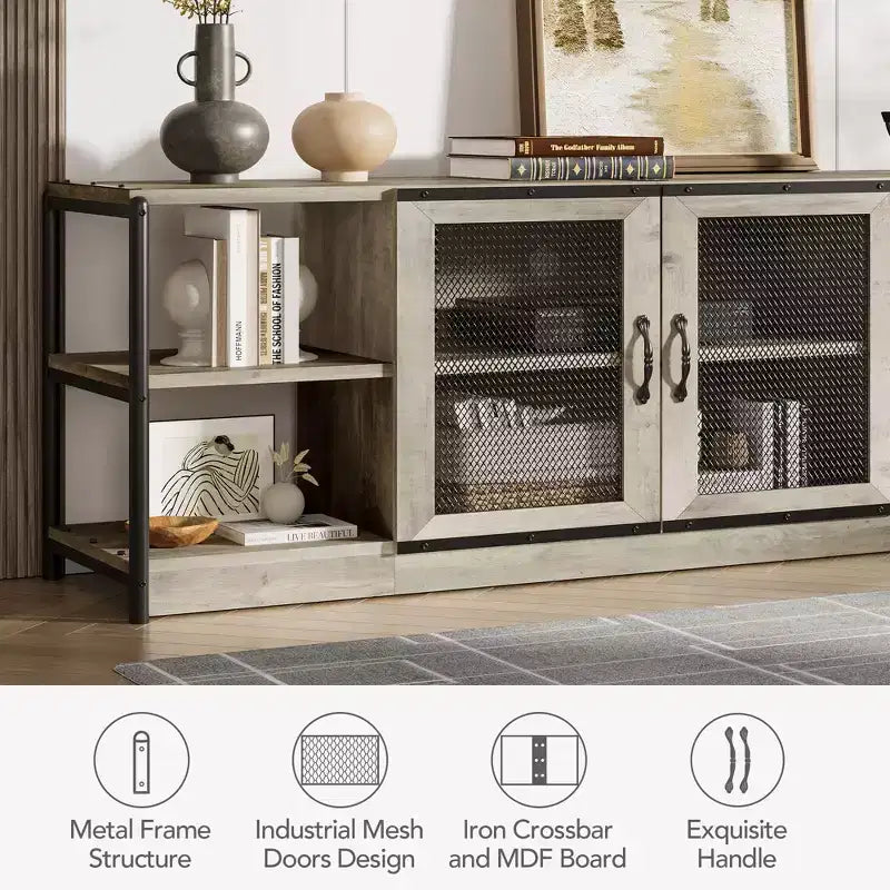 Industrial Farmhouse TV Stand with 2 Mesh Doors, Entertainment Center for 73-80 Inch TV, Sturdy Media Console with Adjustable Shelves, Storage Cabinet