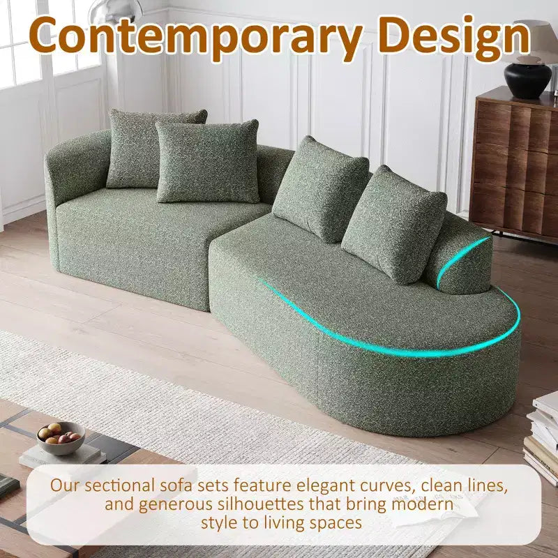 112-Inch khaki Chenille 4-Seater Extra Deep Wide Seat Curved Cloud Couch with 4 Throw Pillows, Combination Sofa Couch for Living Room