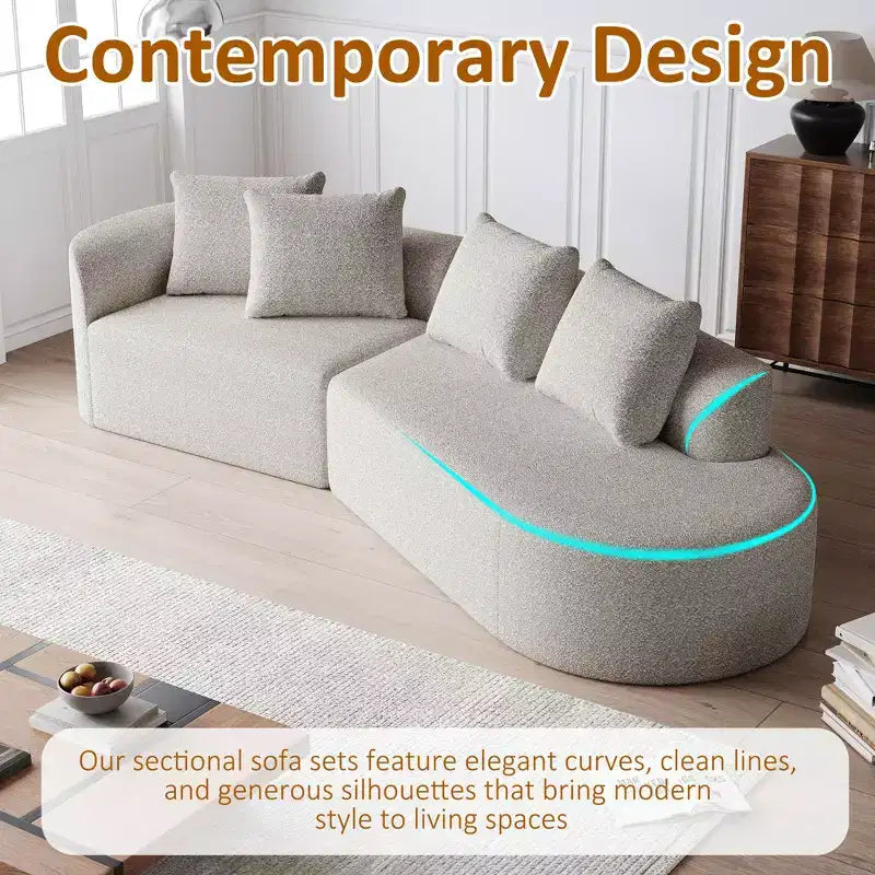 112-Inch khaki Chenille 4-Seater Extra Deep Wide Seat Curved Cloud Couch with 4 Throw Pillows, Combination Sofa Couch for Living Room