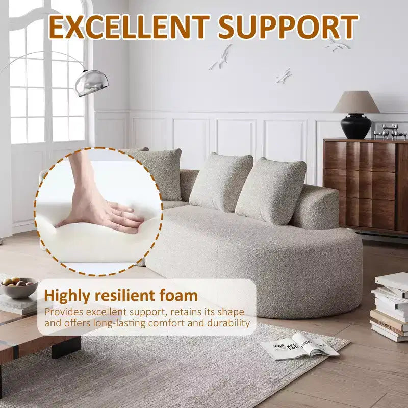 112-Inch khaki Chenille 4-Seater Extra Deep Wide Seat Curved Cloud Couch with 4 Throw Pillows, Combination Sofa Couch for Living Room