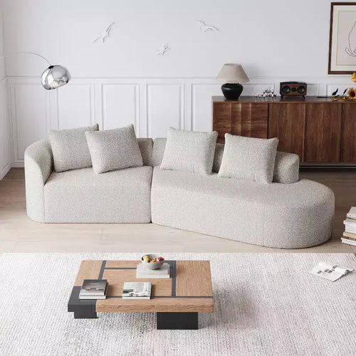 112-Inch khaki Chenille 4-Seater Extra Deep Wide Seat Curved Cloud Couch with 4 Throw Pillows, Combination Sofa Couch for Living Room