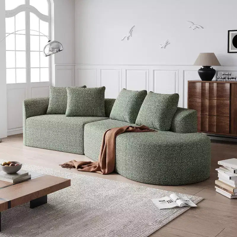 112-Inch khaki Chenille 4-Seater Extra Deep Wide Seat Curved Cloud Couch with 4 Throw Pillows, Combination Sofa Couch for Living Room