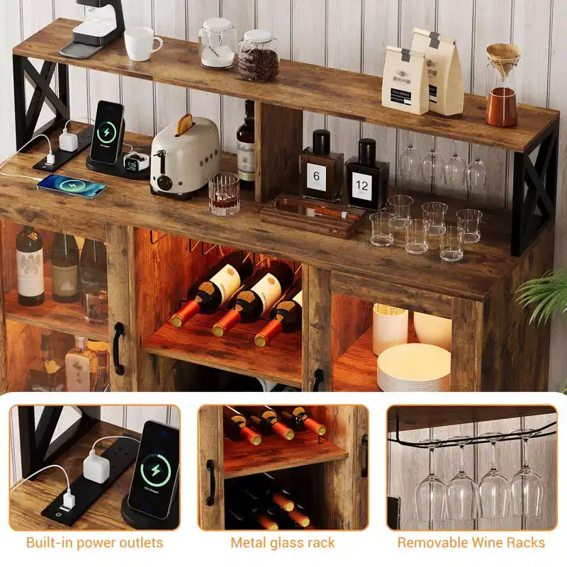 Bar Cabinet for Home, Liquor Cabinet with Power Outlets,Glass Holder, Wine Cabinet with Storage, Wine Cabinet with Racks for KitchenHome