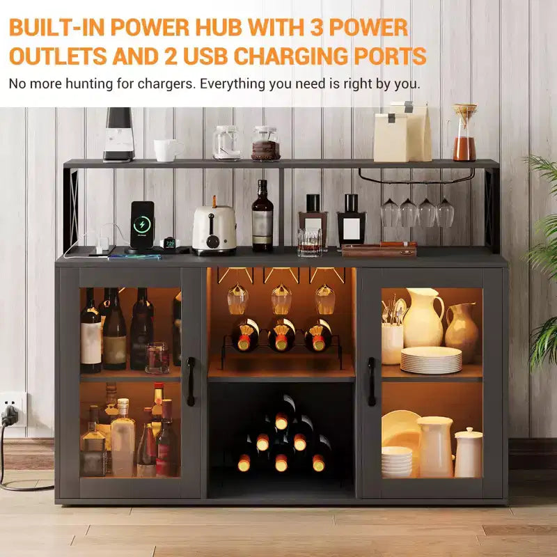 Bar Cabinet for Home, Liquor Cabinet with Power Outlets,Glass Holder, Wine Cabinet with Storage, Wine Cabinet with Racks for KitchenHome