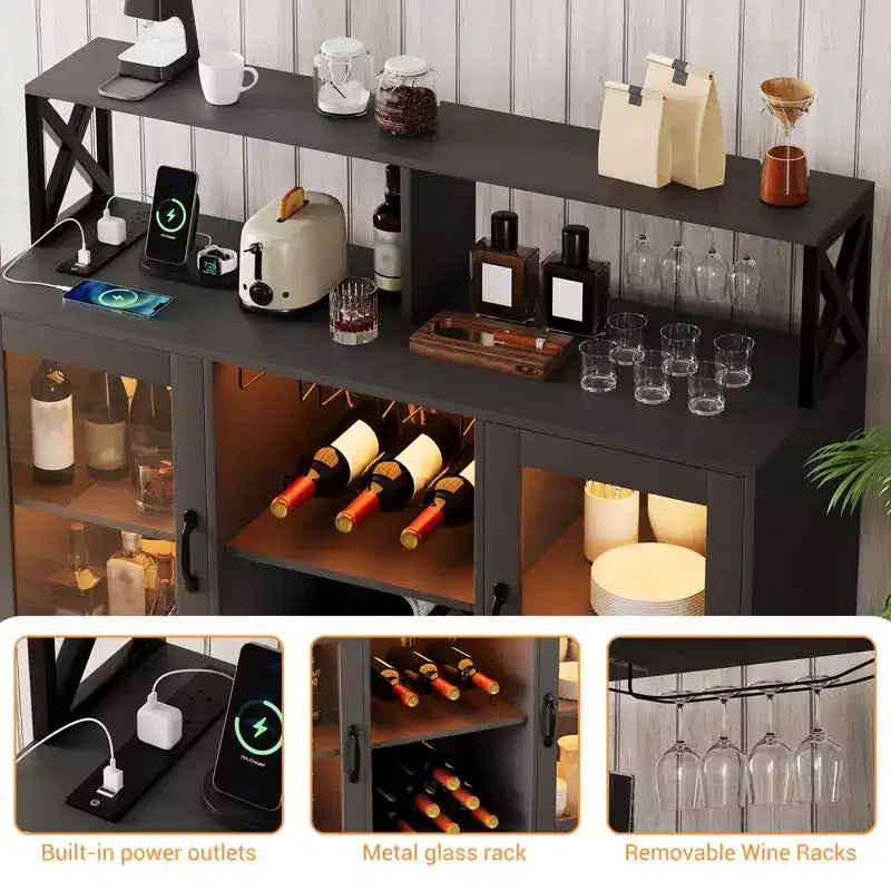 Bar Cabinet for Home, Liquor Cabinet with Power Outlets,Glass Holder, Wine Cabinet with Storage, Wine Cabinet with Racks for KitchenHome