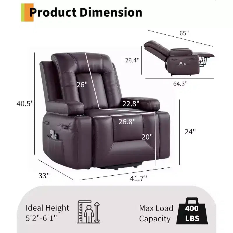 Electric Lift Recliner with Massage & Heat - Heavy Duty Adjustable PU Leather Chair for Elderly & Mobility Impaired
