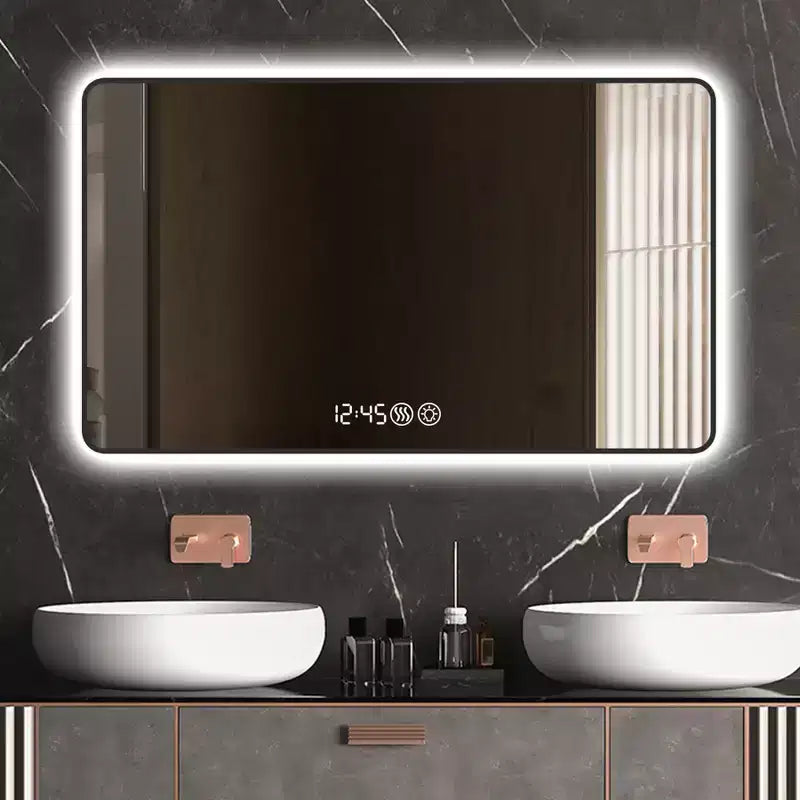 Okak Wall Mount Bathroom Mirror with Round Corner, Defogging Vanity Mirror with Temperature Display, Wall Mirror for Bathroom