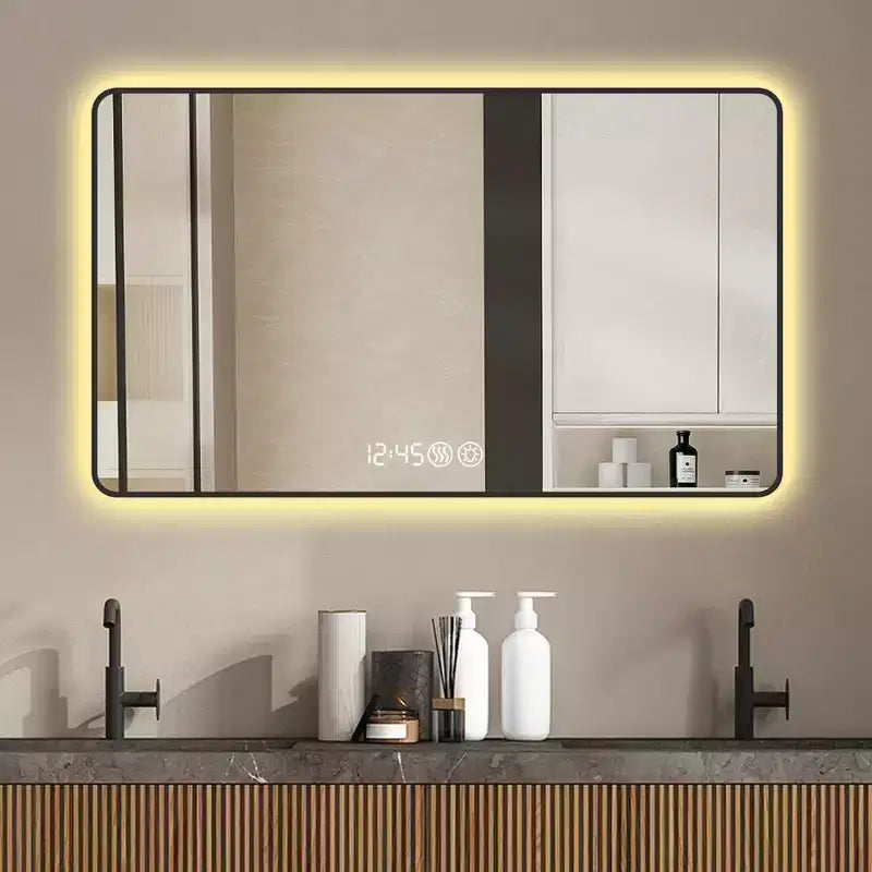 Wall Mount Bathroom Mirror with Round Corner, Defogging Vanity Mirror with Temperature Display, Wall Mirror for Bathroom