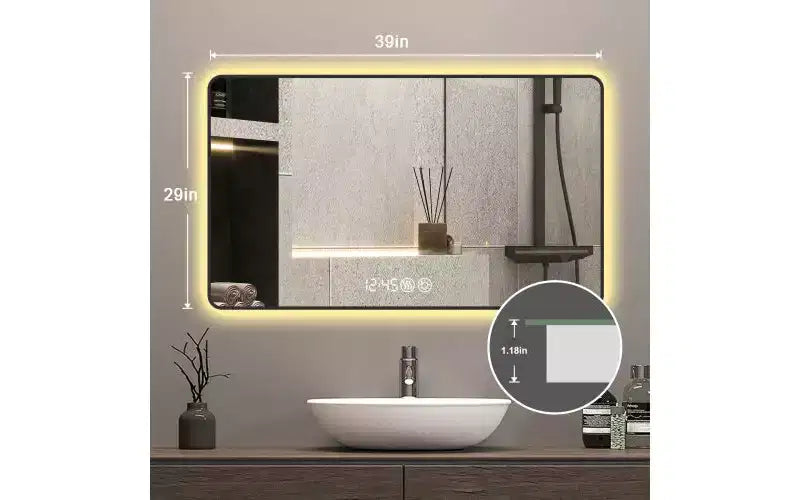 Wall Mount Bathroom Mirror with Round Corner, Defogging Vanity Mirror with Temperature Display, Wall Mirror for Bathroom