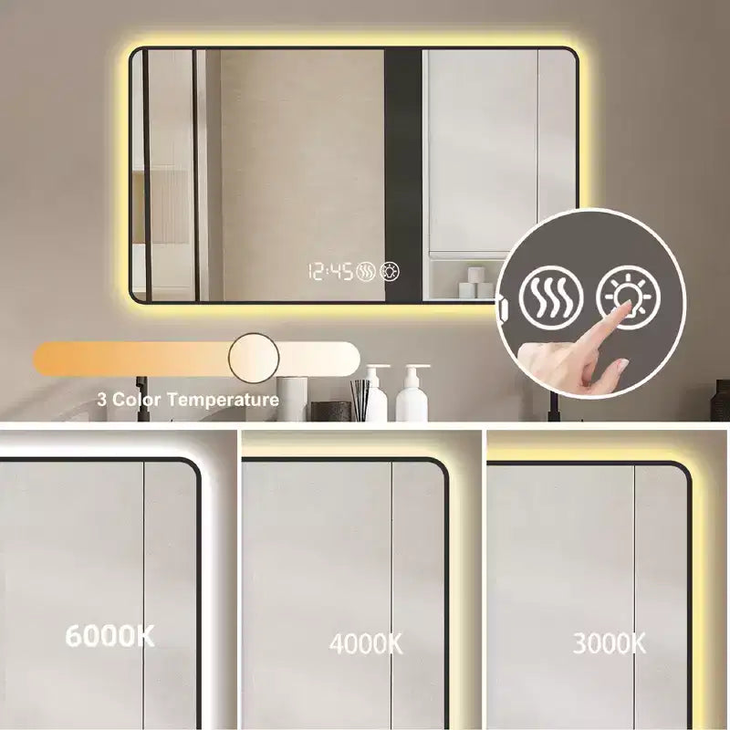 Wall Mount Bathroom Mirror with Round Corner, Defogging Vanity Mirror with Temperature Display, Wall Mirror for Bathroom