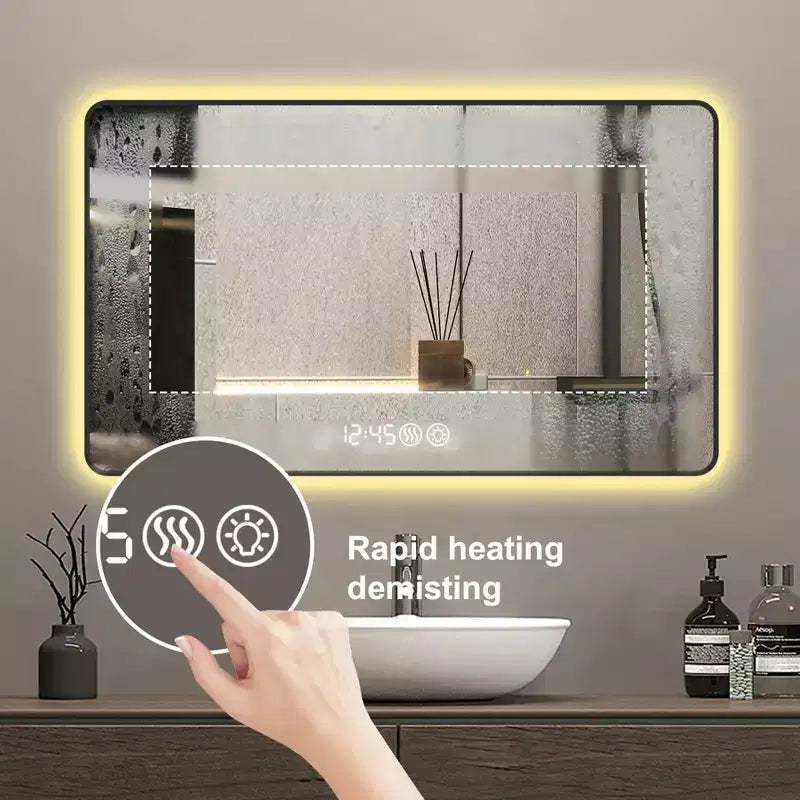 Wall Mount Bathroom Mirror with Round Corner, Defogging Vanity Mirror with Temperature Display, Wall Mirror for Bathroom