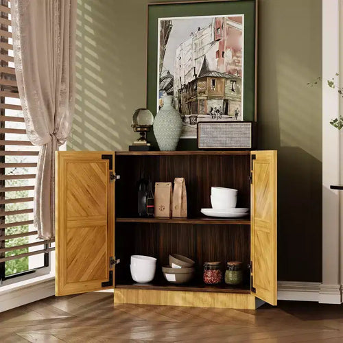 31.5'' Modern Farmhouse Sideboard Buffet Cabinet with Doors & Adjustable Shelves for Dining Room or Kitchen - Brown
