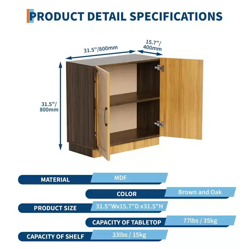 31.5'' Modern Farmhouse Sideboard Buffet Cabinet with Doors & Adjustable Shelves for Dining Room or Kitchen - Brown