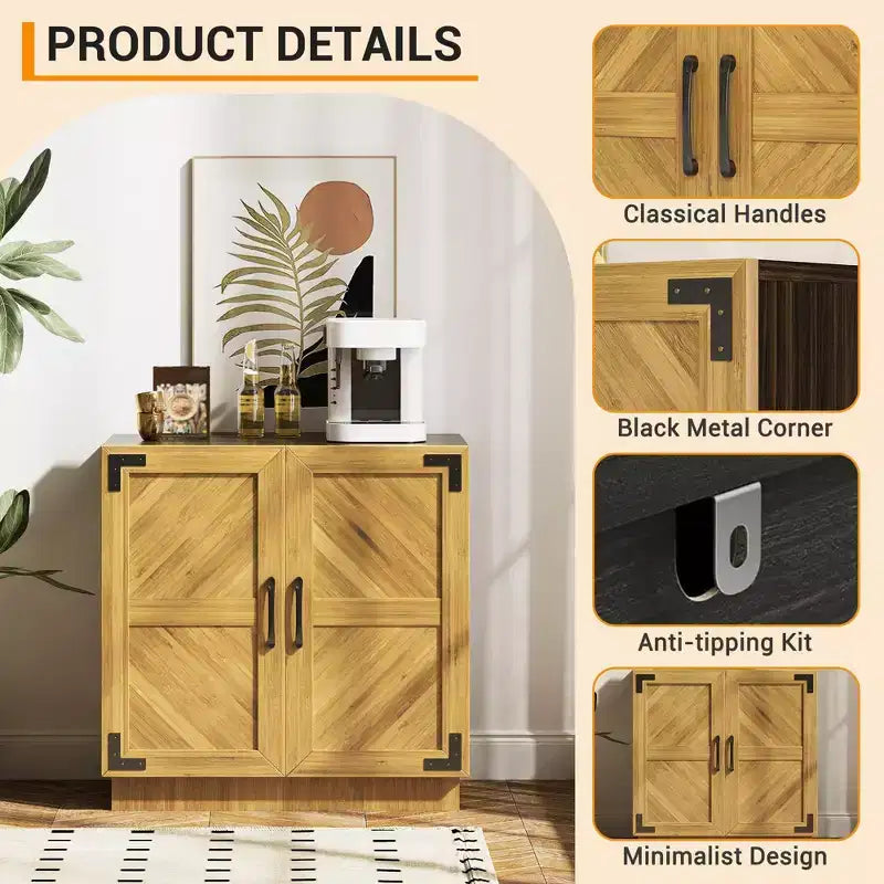 31.5'' Modern Farmhouse Sideboard Buffet Cabinet with Doors & Adjustable Shelves for Dining Room or Kitchen - Brown