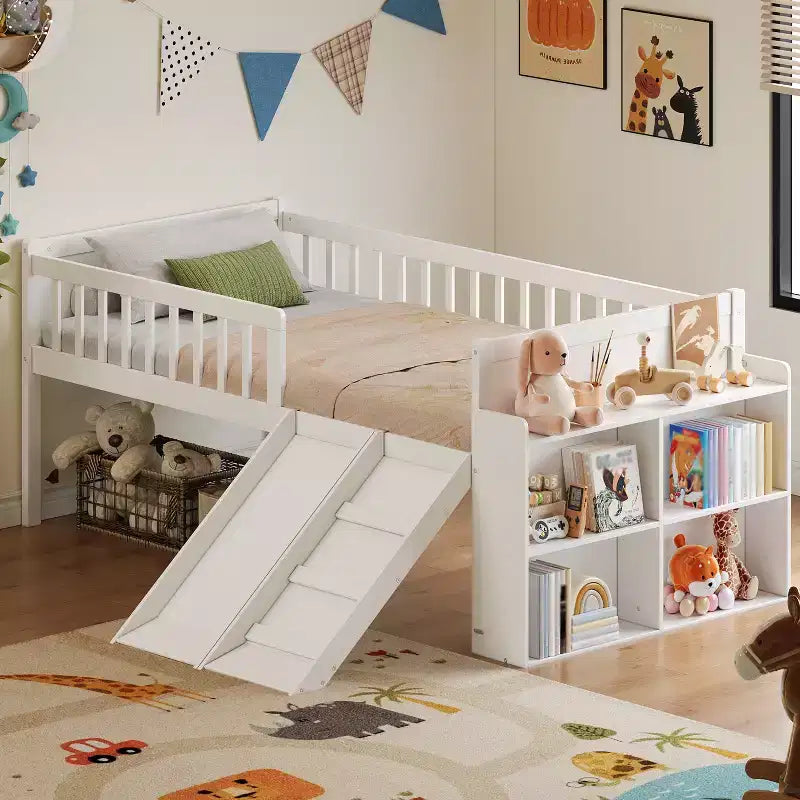 Twin Bed Frame with Storage Shelf, Slide and Ladder, Wood Platform Bed with Guardrail, White