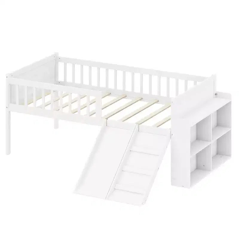 Twin Bed Frame with Storage Shelf, Slide and Ladder, Wood Platform Bed with Guardrail, White