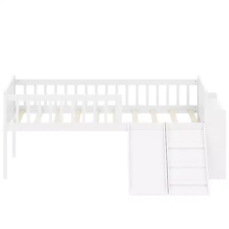Twin Bed Frame with Storage Shelf, Slide and Ladder, Wood Platform Bed with Guardrail, White