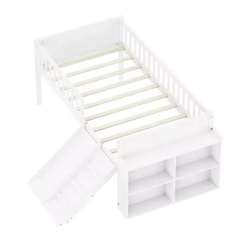 Twin Bed Frame with Storage Shelf, Slide and Ladder, Wood Platform Bed with Guardrail, White